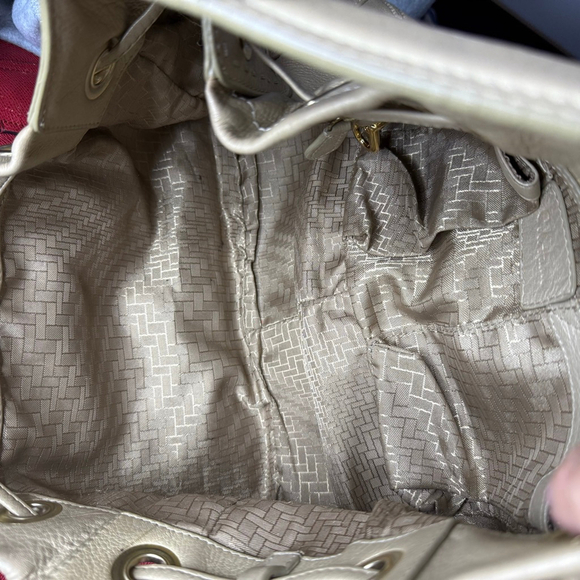 Cole Haan Metallic Beige Leather Drawstring Shoulder Bag - Picture 13 of 14